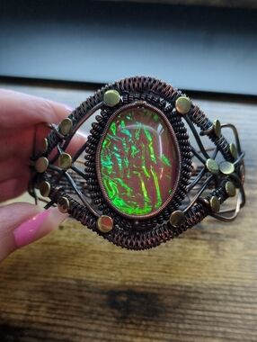 Handmade Copper Wire Wrapped Australian Triple Opal Bangle Bracelet